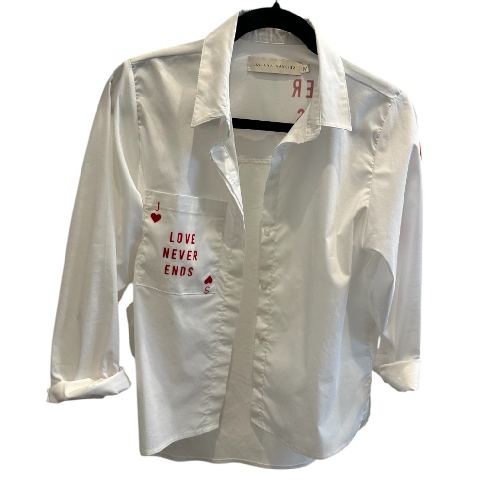 NWT Juliana Sanchez white shirt with hearts, long sleeve size M